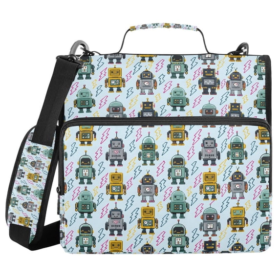 FORMRS Zipper Binder with Shoulder Strap 2-inch Ring 500 Sheet Capacity File Bag, Blue Cartoon Robot Pattern