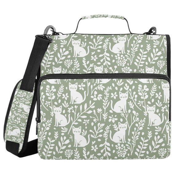 FORMRS Zipper Binder with Shoulder Strap 2-inch Ring 500 Sheet Capacity File Bag, Green Floral Cat Pattern