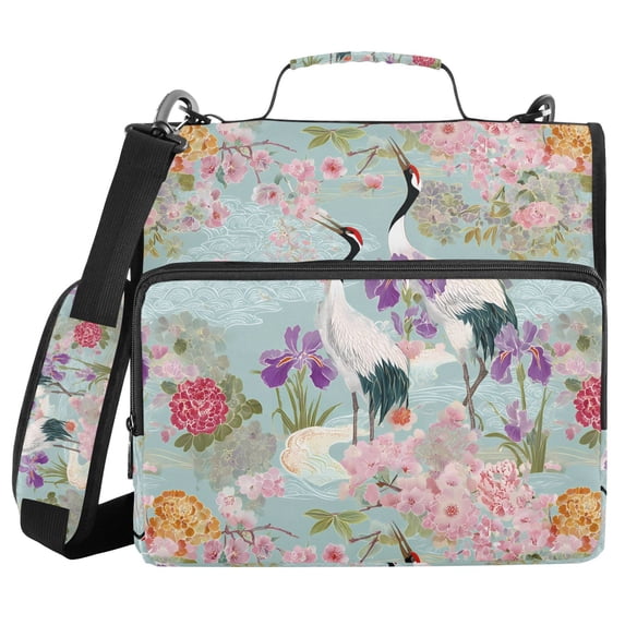 FORMRS Zipper Binder with Shoulder Strap 2-inch Ring 500 Sheet Capacity File Bag, Green Floral Cranes Pattern
