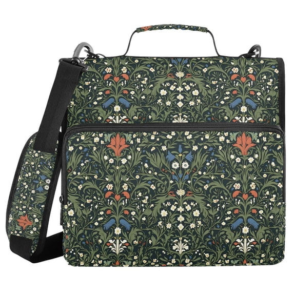 FORMRS Zipper Binder with Shoulder Strap 2-inch Ring 500 Sheet Capacity File Bag, Green Flowers Pattern