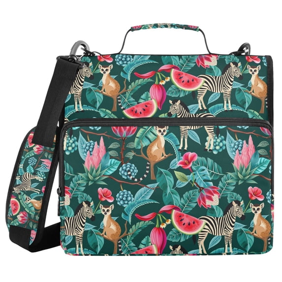 FORMRS Zipper Binder with Shoulder Strap 2-inch Ring 500 Sheet Capacity File Bag, Green Tropical Pattern