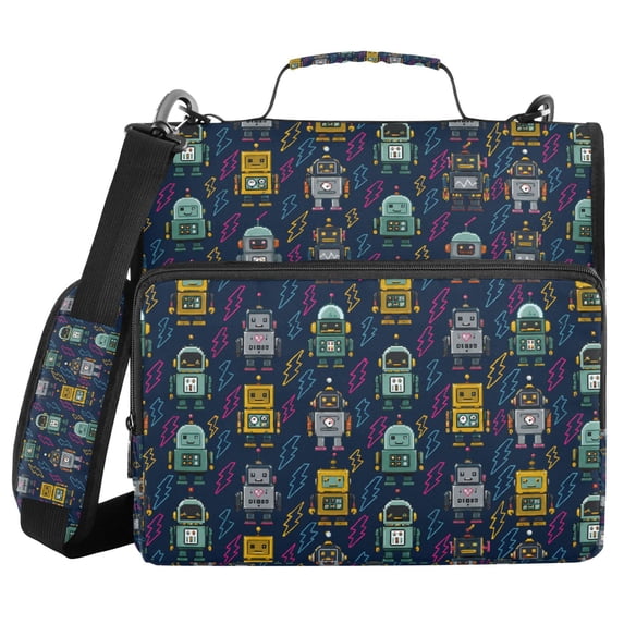 FORMRS Zipper Binder with Shoulder Strap 2-inch Ring 500 Sheet Capacity File Bag, Navy Blue Cartoon Robot Pattern