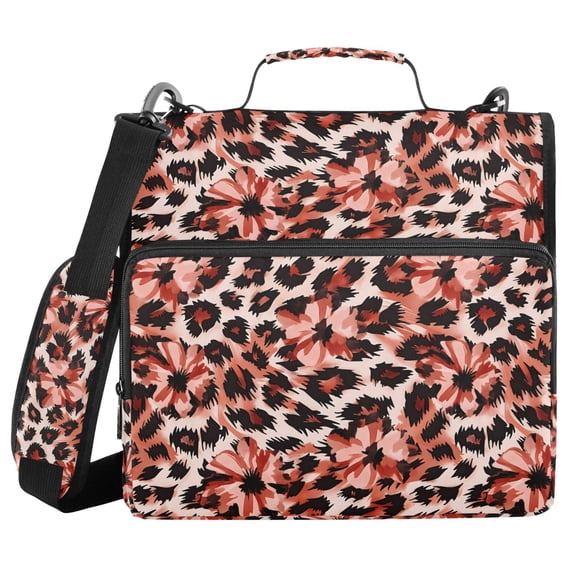 FORMRS Zipper Binder with Shoulder Strap 2-inch Ring 500 Sheet Capacity File Bag, Orange Floral Leopard Pattern