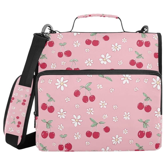 FORMRS Zipper Binder with Shoulder Strap 2-inch Ring 500 Sheet Capacity File Bag, Pink Cute Cherry Pattern