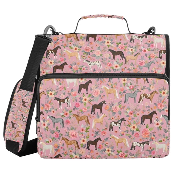 FORMRS Zipper Binder with Shoulder Strap 2-inch Ring 500 Sheet Capacity File Bag, Pink Floral Horses Pattern