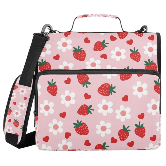 FORMRS Zipper Binder with Shoulder Strap 2-inch Ring 500 Sheet Capacity File Bag, Pink Floral Strawberry Pattern