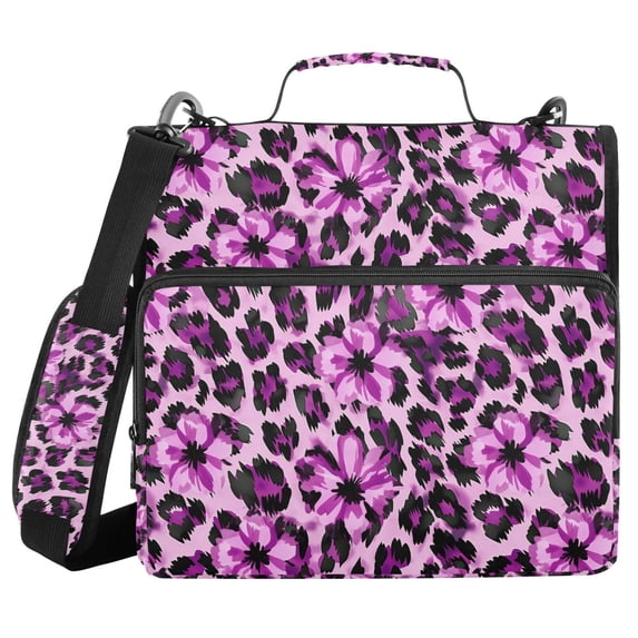 FORMRS Zipper Binder with Shoulder Strap 2-inch Ring 500 Sheet Capacity File Bag, Purple Floral Leopard Pattern