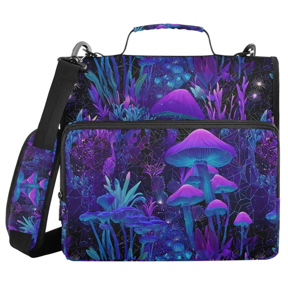 FORMRS Zipper Binder with Shoulder Strap 2-inch Ring 500 Sheet Capacity File Bag, Purple Mushrooms Pattern