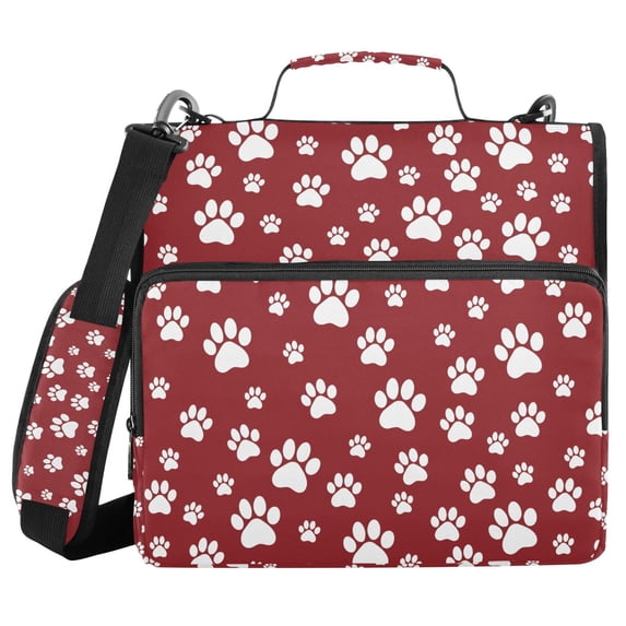 FORMRS Zipper Binder with Shoulder Strap 2-inch Ring 500 Sheet Capacity File Bag, Red Cartoon Paws Pattern