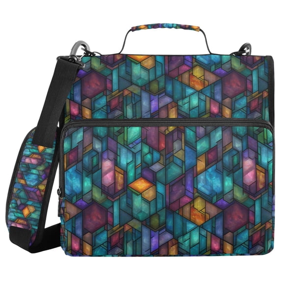 FORMRS Zipper Binder with Shoulder Strap 2-inch Ring 500 Sheet Capacity File Bag, Stained Glass Pattern