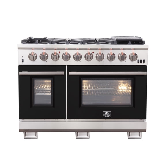 FORNO Capriasca 48-inch Gas Range Stainless Steel, 8 Brass Burners 160,000 BTU, 6.58 cu.ft. Double Oven, Black Doors