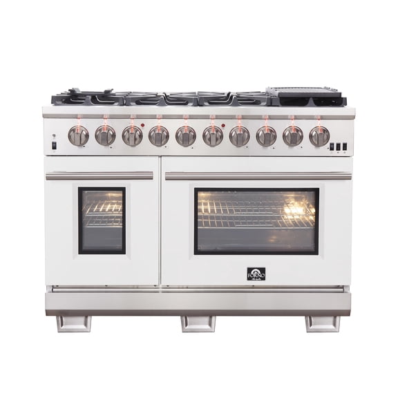 FORNO Capriasca 48-inch Gas Range Stainless Steel, 8 Brass Burners 160,000 BTU, 6.58 cu.ft. Double Oven, White Doors