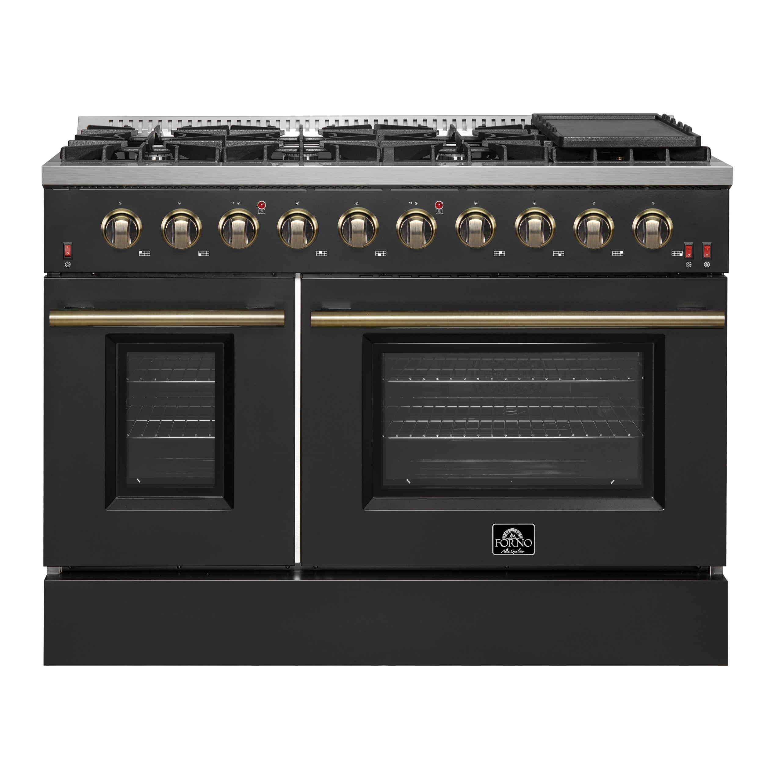 FORNO Galiano 48-inch Gas Range Black  Antique Brass Design, 8 Burners, 107,000 BTU, Griddle, 6.58 cu.ft. Double Ovens