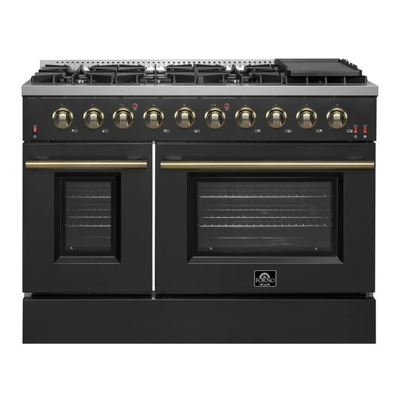 FORNO Galiano 48-inch Gas Range Black Antique Brass Design, 8 Burners, 107,000 BTU, Griddle, 6.58 cu.ft. Double Ovens