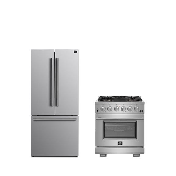 FORNO Premium 2-Piece Kitchen Bundle - Capriasca 30" Stainless Steel Range, Gallipoli 30" French Door Refrigerator with Bottom Freezer 17.5 cu. ft Capacity