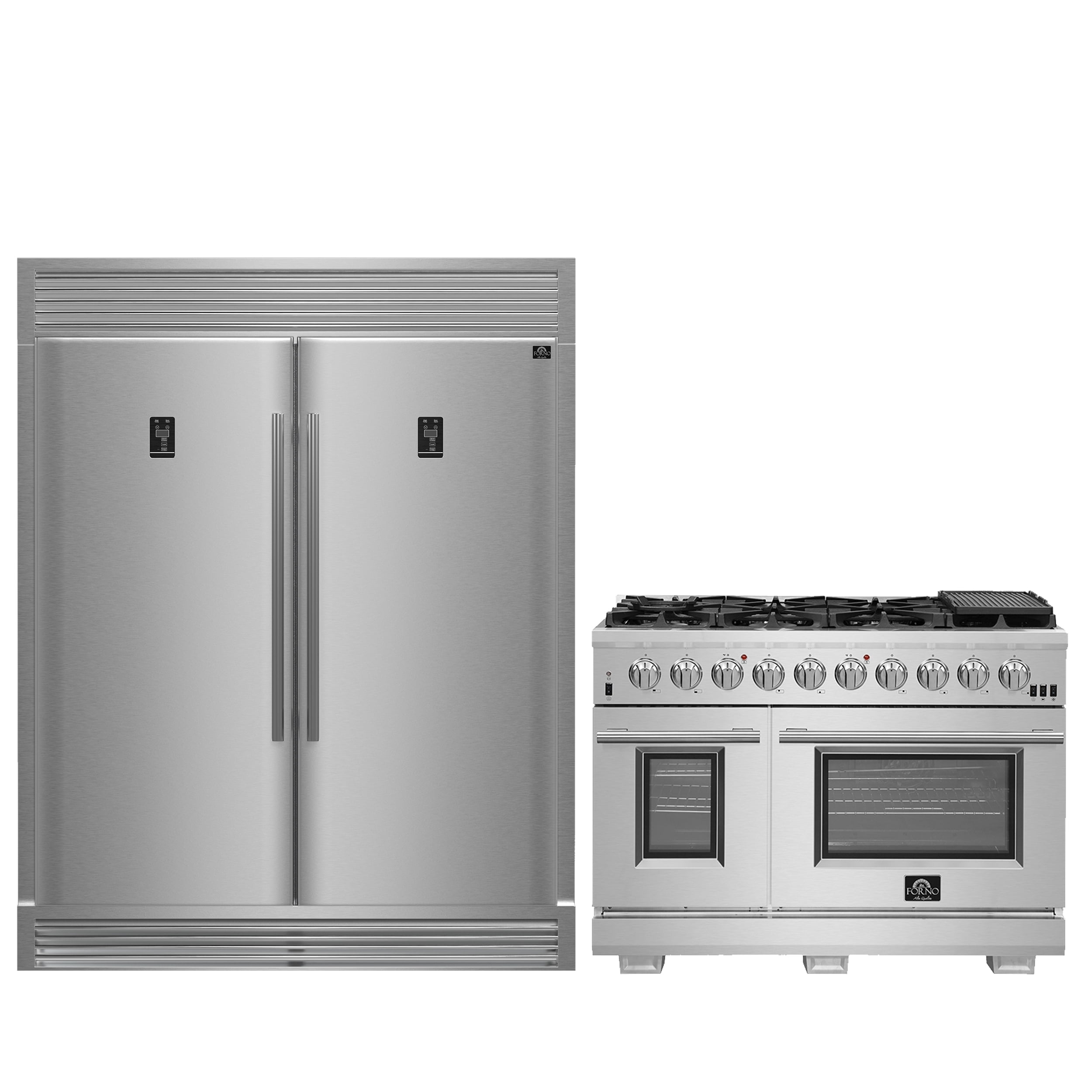 FORNO Premium 2-Piece Kitchen Bundle - Capriasca 48" Stainless Steel Range, Rizzuto 60" W. Dual Combo Convertible Refrigerator