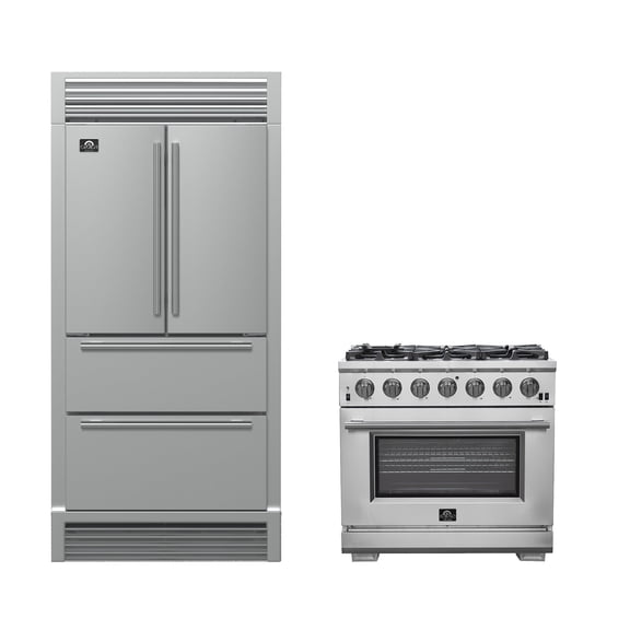 FORNO Premium 2-Piece Kitchen Bundle - Galiano 36" Stainless Steel Range, Moena 36" French Door 19.2 cu. ft Stainless Steel Refrigerator, with Decorative Grill - 40" Wide