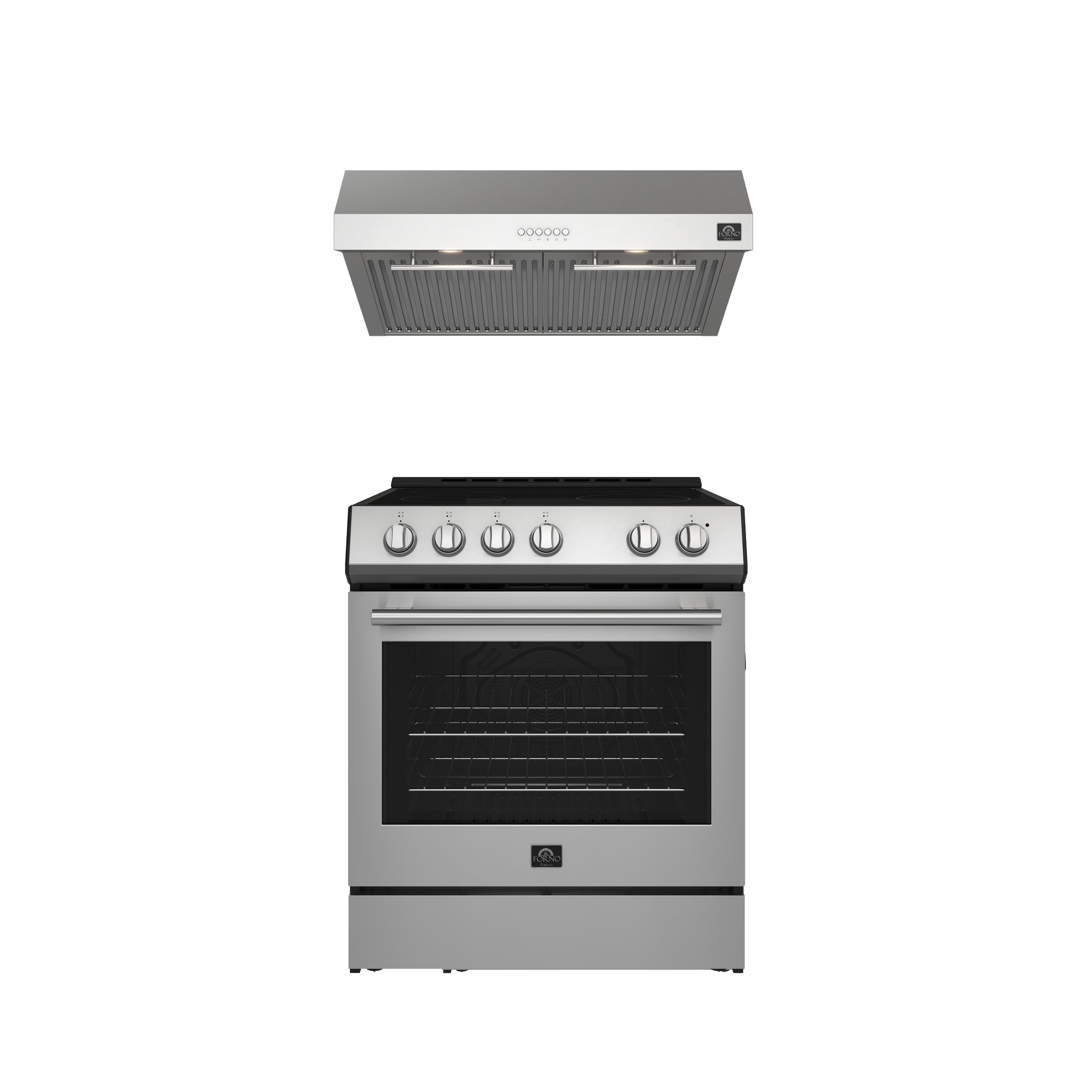 FORNO Premium 2-Piece Kitchen Bundle - Leonardo Espresso 30" Stainless Steel Range, 30" Stainless Steel Range Hood