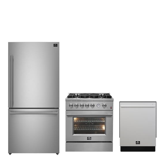 FORNO Premium 3-Piece Kitchen Bundle - 30" Gas Range, Bottom Freezer Refrigerator, Built-In Dishwasher, Stainless Steel