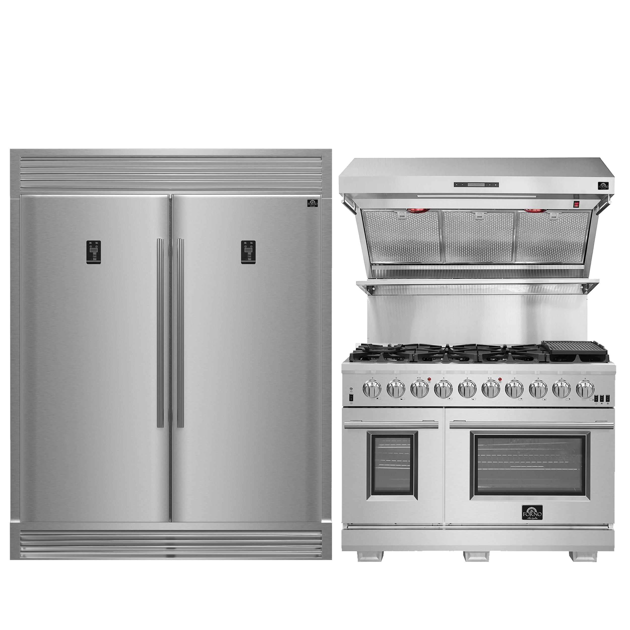 FORNO Premium 3-Piece Kitchen Bundle - Capriasca 48" Freestanding Gas Range, Rizzuto 60" W. Dual Combo Convertible Refrigerator, 48" Wall Mount Range Hood