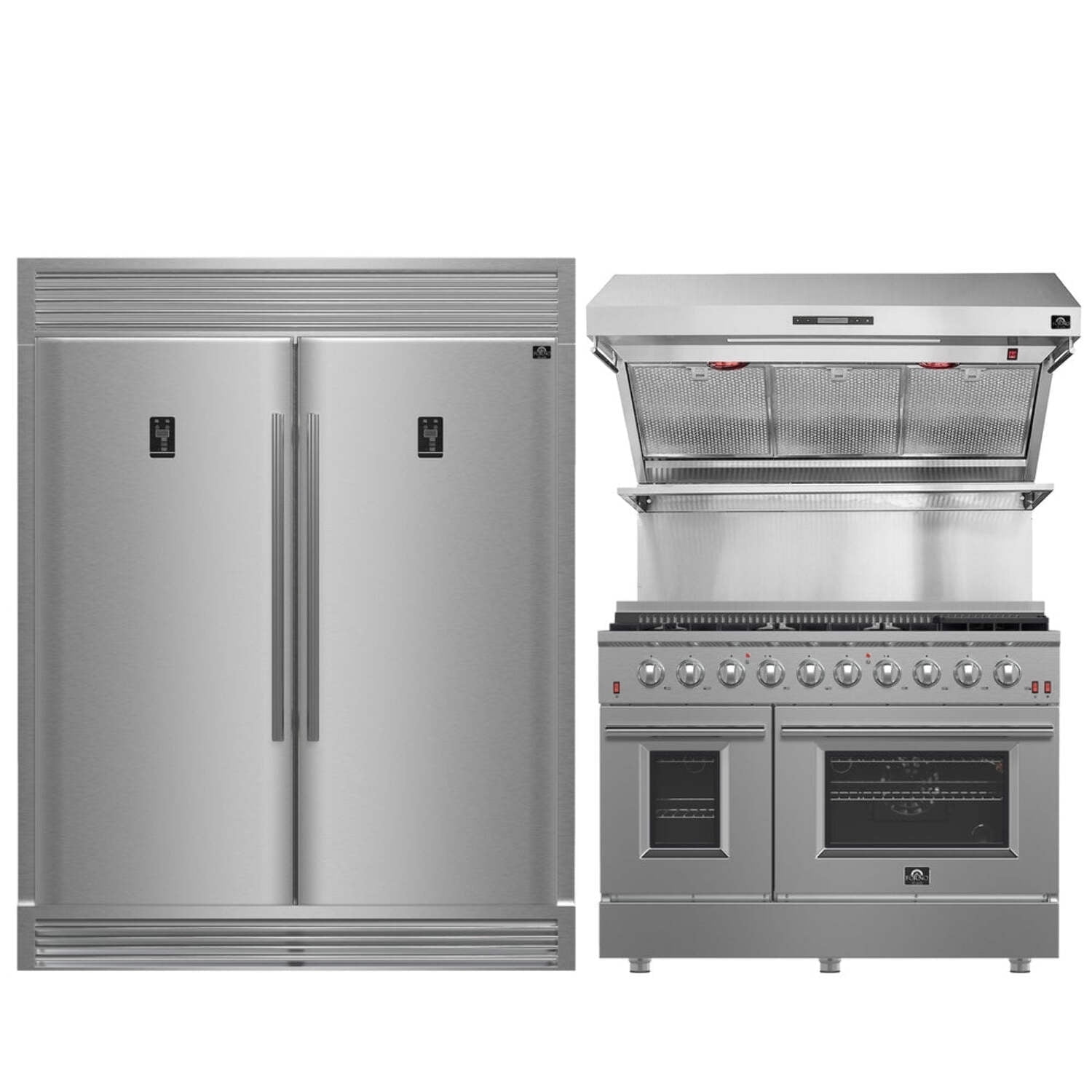 FORNO Premium 3-Piece Kitchen Bundle - Galiano 48" Freestanding Gas Range, Rizzuto 60" W. Dual Combo Convertible Refrigerator, 48" Wall Mount Range Hood