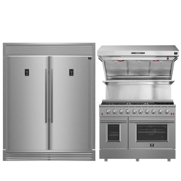 FORNO Premium 3-Piece Kitchen Bundle - Galiano 48" Freestanding Gas Range, Rizzuto 60" W. Dual Combo Convertible Refrigerator, 48" Wall Mount Range Hood