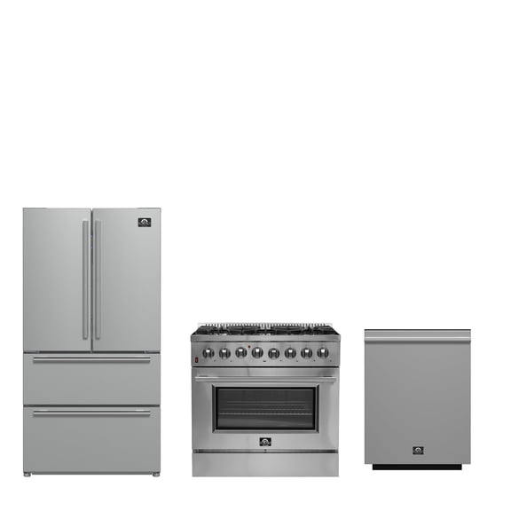 FORNO Premium 3-Piece Kitchen Bundle - Galiano 36" Dual Fuel Range, 36" French Door Refrigerator, 24" Built-In Dishwasher