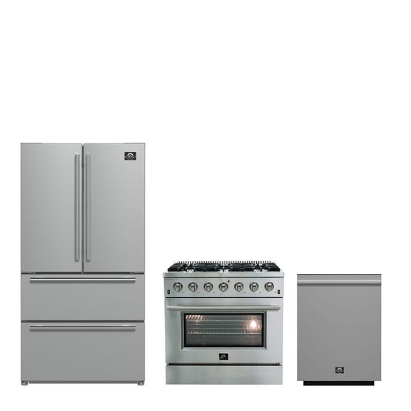 FORNO Premium 3-Piece Kitchen Bundle - Galiano 36" Gas Range, 36" French Door Refrigerator, 24" Built-In Dishwasher - FBDL-004-01CAUS