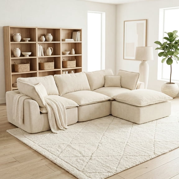 FOROUTIA 108" Modular Sectional Sofa, L-Shaped Cloud Couch with Chaise, Compressed Comfy Linen Couch for Living Room, Beige