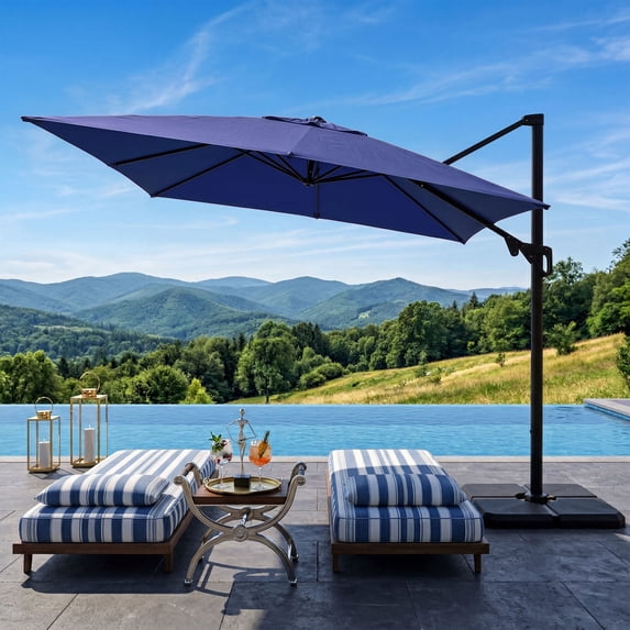 FOROUTIA 10x10ft DarkBlue Cantilever Patio Umbrella, 360° Rotation Offset Umbrella with 4-Level Tilt, Double Top UV50+ Waterproof Outdoor Umbrella for Pool, Backyard, Garden, Deck