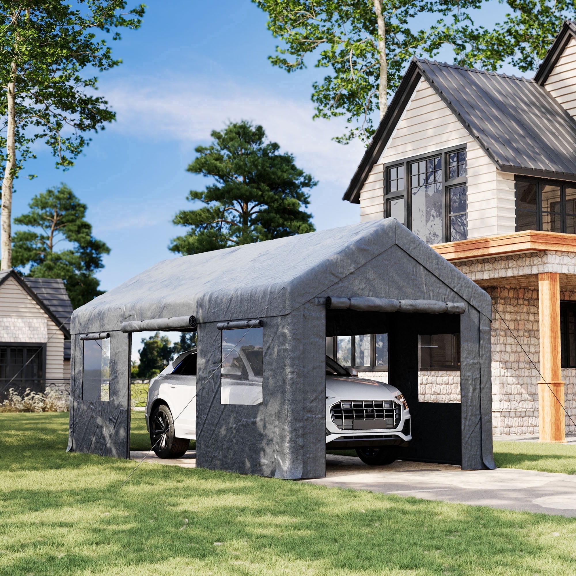 FOROUTIA 10x20ft Heavy-Duty Carport Canopy, Dark Gray Gable Roof PE Garage, All-Weather Shelter for Car/Truck/SUV/Outdoor Storage & Party