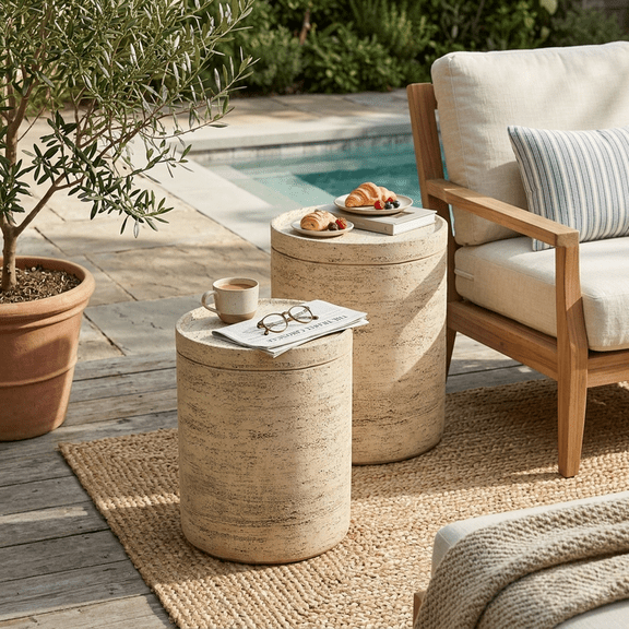 FOROUTIA 13.8" Round MgO Side Table Set of 2, Cylindrical Indoor Outdoor Accent End Tables, Weather Resistant Patio Stool Table for Backyard Living Room, Beige 2 Pack