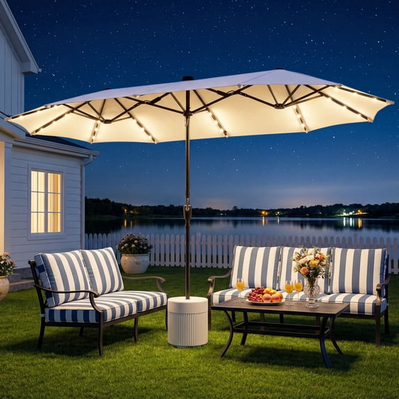 FOROUTIA 13ft Solar LED Patio Umbrella, 12-Rib Double-Sided Outdoor Umbrella with Crank, 99% UV Protection Water Resistant Market Umbrella for Pool, Backyard, Garden, Off-white (Base Not Included)