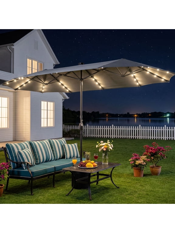 13ft Solar LED Patio Umbrella, 12-Rib Double-Sided Outdoor Umbrella with Crank, 99% UV Protection Water Resistant Market Umbrella for Pool, Backyard, Garden, Gray (Base Not Included)