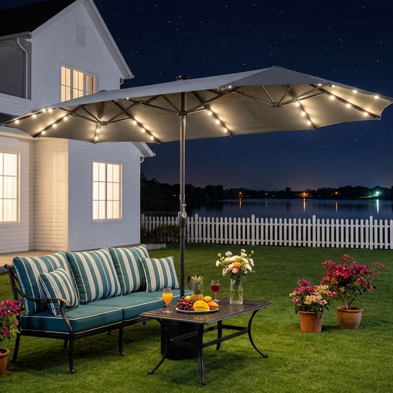 FOROUTIA 13ft Solar LED Patio Umbrella, 12-Rib Double-Sided Outdoor Umbrella with Crank, 99% UV Protection Water Resistant Market Umbrella for Pool, Backyard, Garden, Gray (Base Not Included)