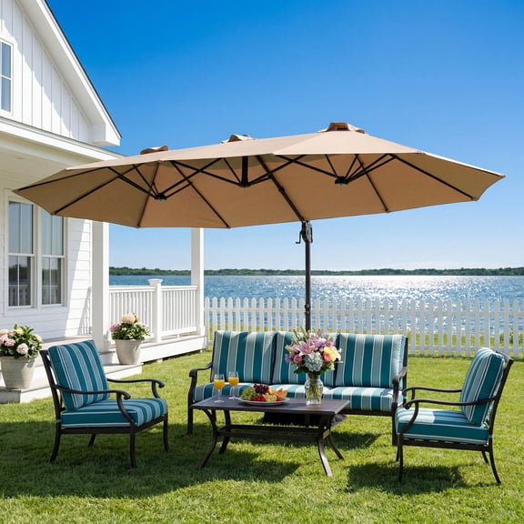 FOROUTIA 15ft Double-Sided Patio Umbrella, Large Rectangular Outdoor Market Umbrella with Crank, UV50  Waterproof Twin Umbrella for Backyard, Poolside, Deck, Khaki