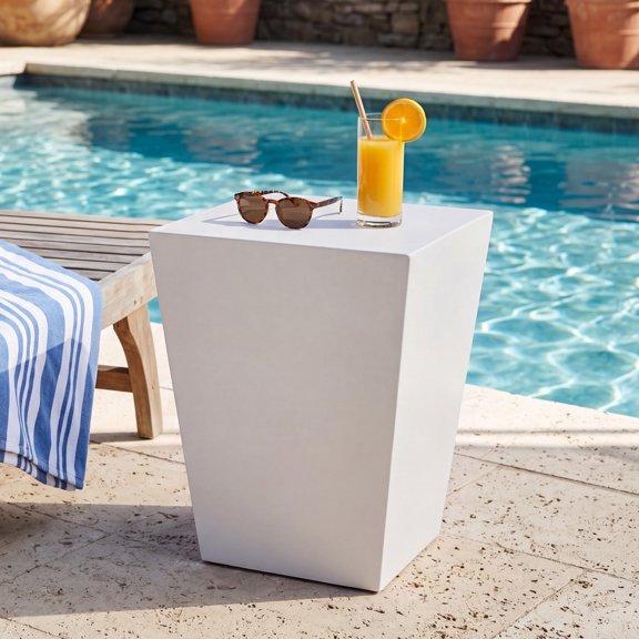 FOROUTIA 16.6 Inch Trapezoid Magnesium Oxide Side Table, Weather Resistant Outdoor Accent End Table, Modern Patio Side Table for Backyard Deck Poolside Indoor Living Room