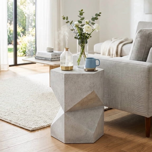 FOROUTIA 18 Inch Geometric Hexagonal MgO Side Table, Modern Faceted Outdoor Accent End Table for Patio Living Room Balcony, Gray