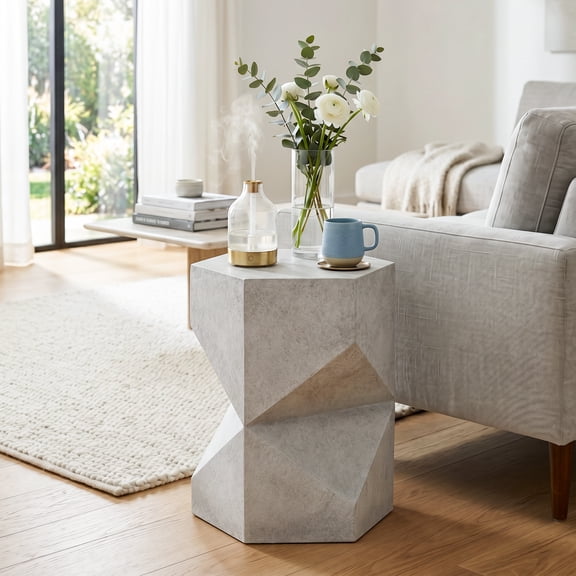 FOROUTIA 18 Inch Geometric Hexagonal MgO Side Table, Modern Faceted Outdoor Accent End Table for Patio Living Room Balcony, Gray