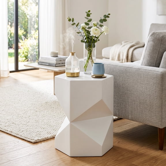 FOROUTIA 18 Inch Geometric Hexagonal MgO Side Table, Modern Faceted Outdoor Accent End Table for Patio Living Room Balcony, White