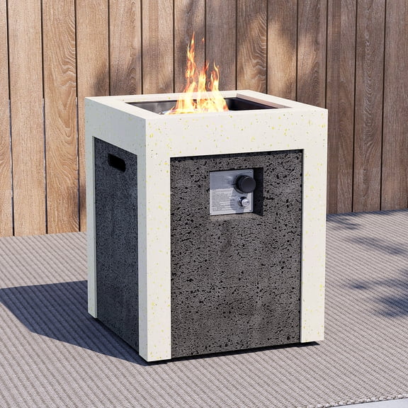 FOROUTIA 19 Inch Square Propane Fire Pit Column, 50000 BTU Outdoor Magnesium Oxide Fire Pit Table with Lava Rocks & Cover, Terrazzo & Travertine Textured Fireplace for Patio Backyard