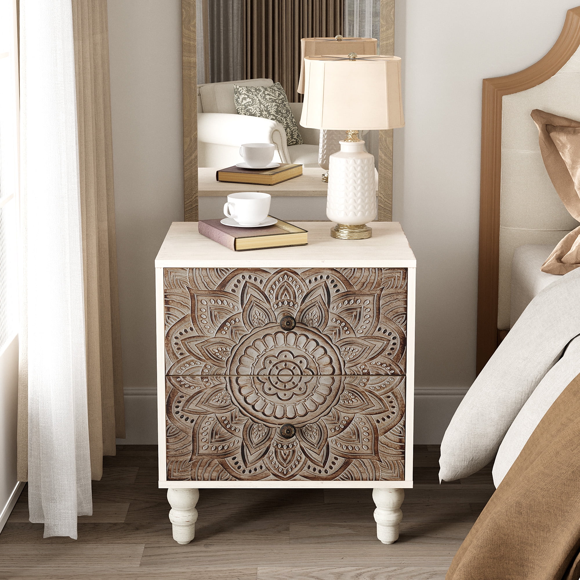 FOROUTIA 2-Drawer Nightstand, Wood Accent Bed Side Table with Storage for Bedroom
