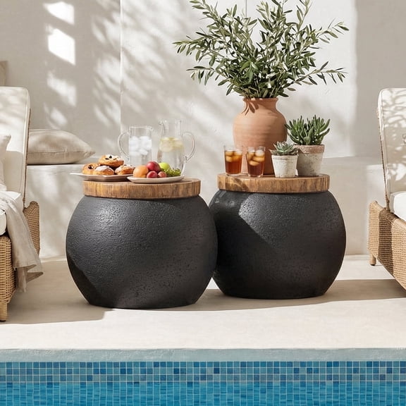 FOROUTIA 2-Piece Black Magnesium Oxide Pot Outdoor Side Table Set with Wood-Grain Top; Round, Weather-Resistant Garden Decorative Table Suitable for Gardens and Balconies