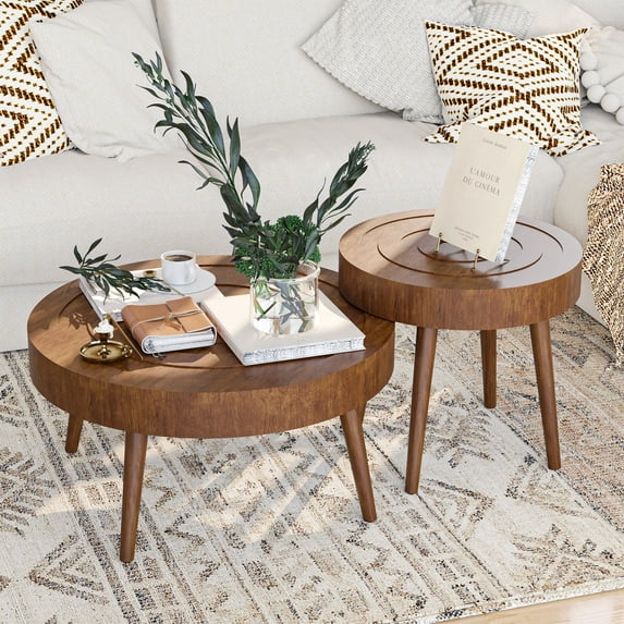 FOROUTIA Nesting Round Coffee Table Set of 2,Morden Wood Coffee Tables for Living Room