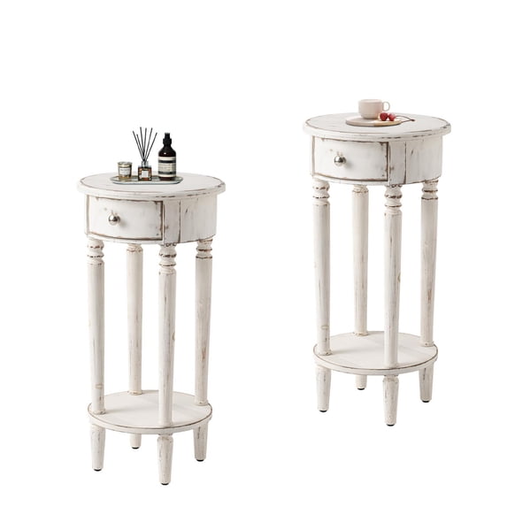 FOROUTIA Tall End Table Set of 2,Rustic Round Side Tables with Drawer and Shelf for Bedroom,Living Room,Space Saving