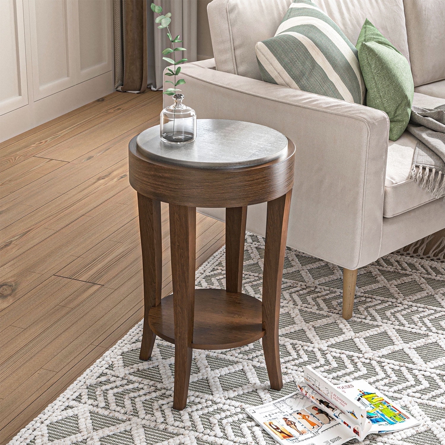 FOROUTIA Round Side Table,2-Tier Farmhouse End Table with Storage Shelf ...