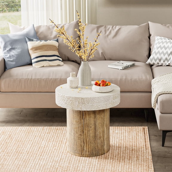 FOROUTIA 20 Inch Round MgO Side Table, Faux Stone Top & Wood Base Accent End Table for Living Room Balcony Patio