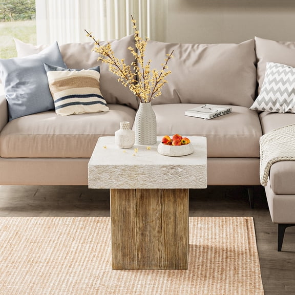 FOROUTIA 20 Inch Square MgO Side Table, Faux Stone Top & Wood Base Accent End Table for Living Room Balcony Patio