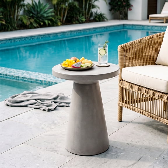 FOROUTIA 22 Inch Cone-Shaped MgO Outdoor Side Table, Concrete Look Accent End Table for Patio Living Room Balcony, Gray