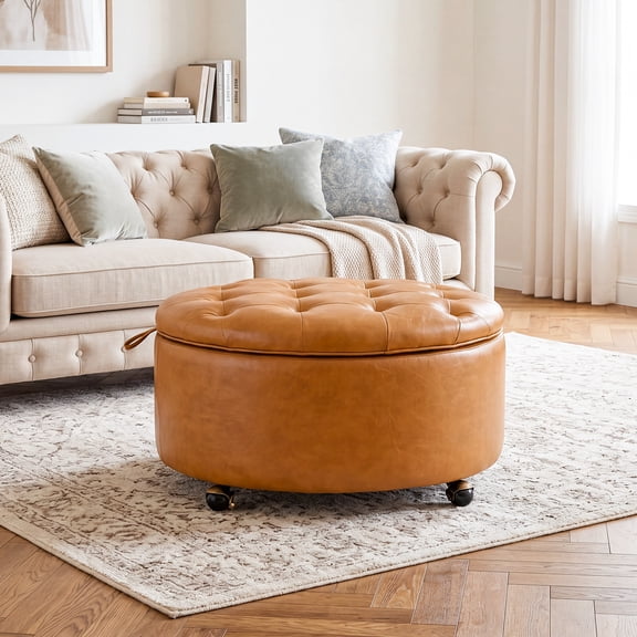FOROUTIA 29.1" Round Storage Ottoman Coffee Table, Tufted Faux Leather Rolling Ottoman with Wooden Tray & Lockable Wheels, Multi-Functional Footrest Storage Bench for Living Room Bedroom, Dark Brown